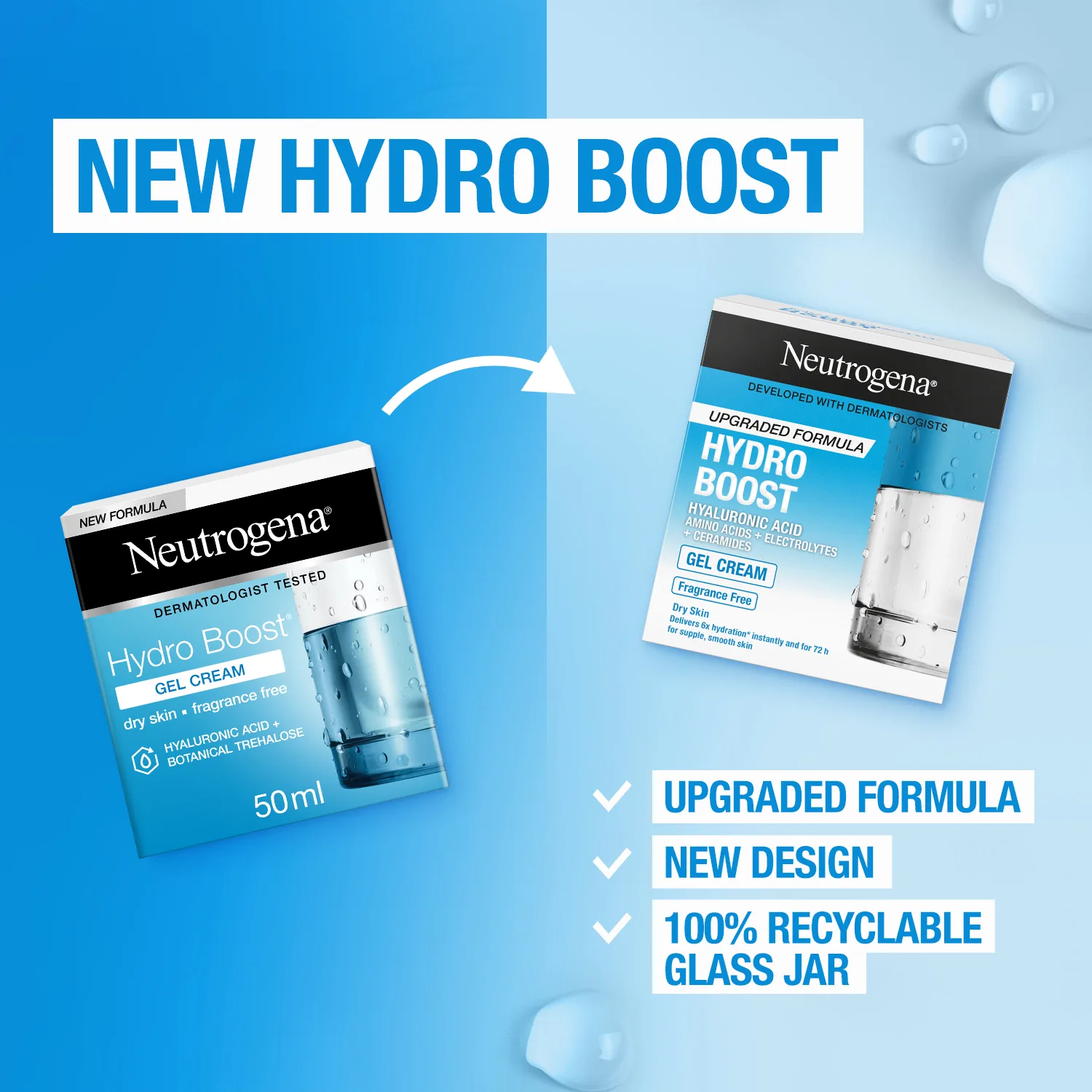 Close-up design of neutrogena hydro boost gel-cream, dry skin, fragrance free, 50ml