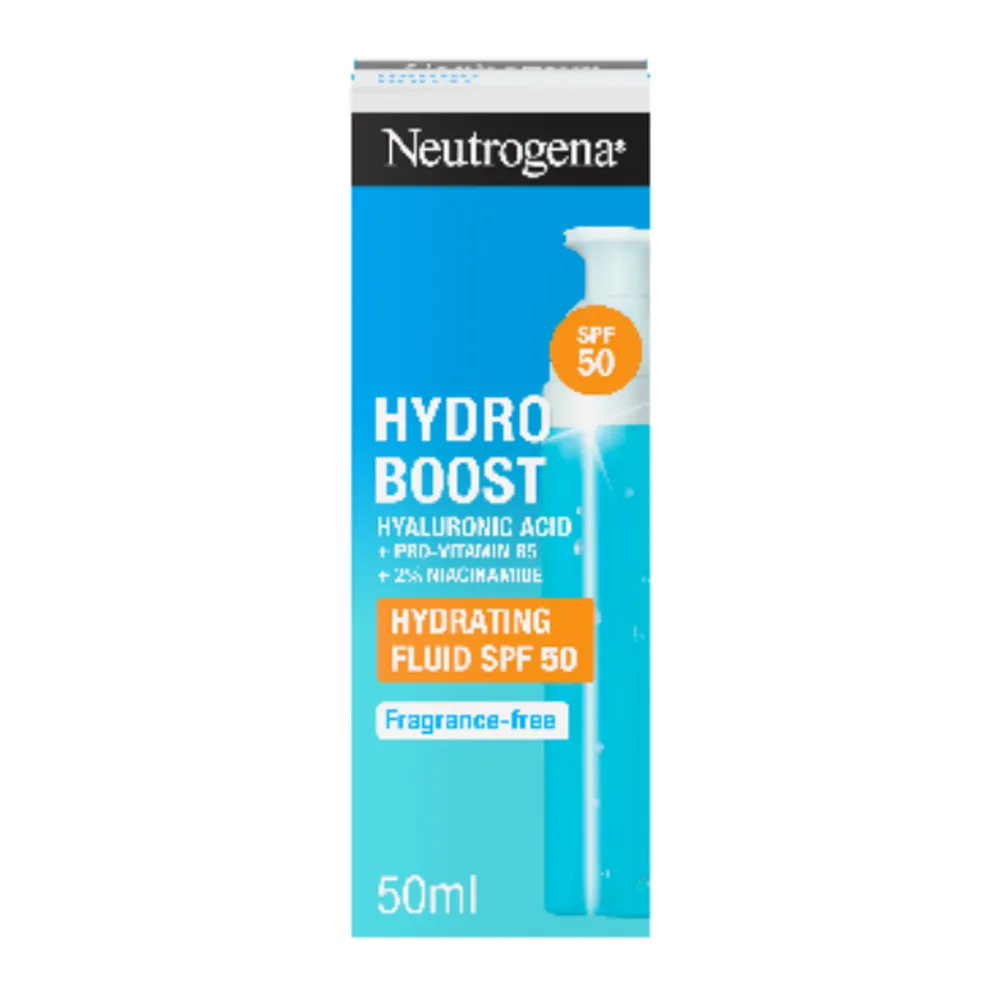 Neutrogena Hydro Boost Hydrating Fluid, SPF50, Hyaluronic Acid, Pro-Vitamin B5, Niacinamide, 50ml