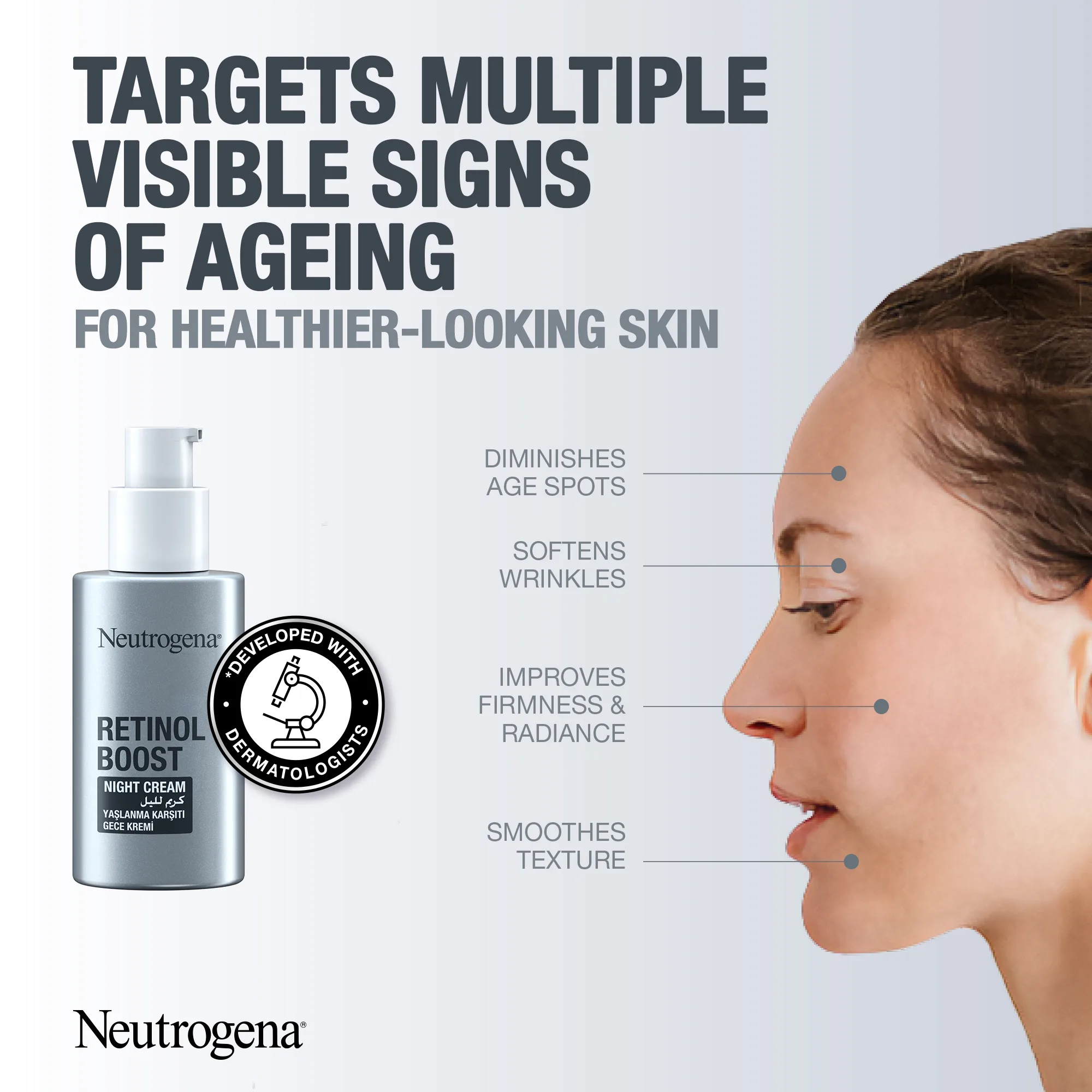 Side view of neutrogena retinol boost anti age night cream, 50ml