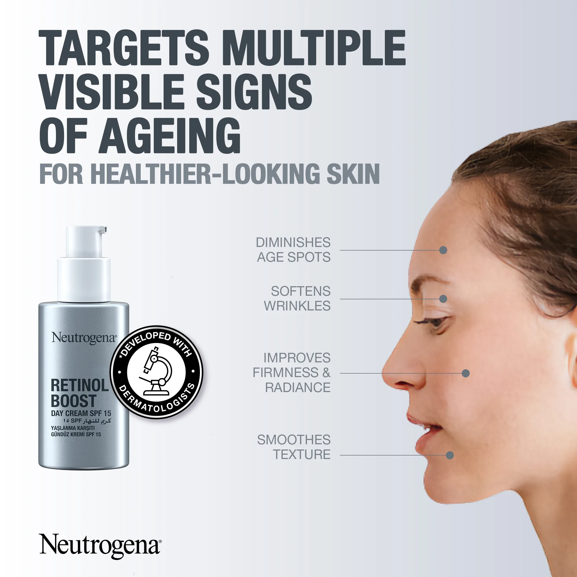 Side view of neutrogena retinol boost anti-aging day cream with spf 15, 50ml
