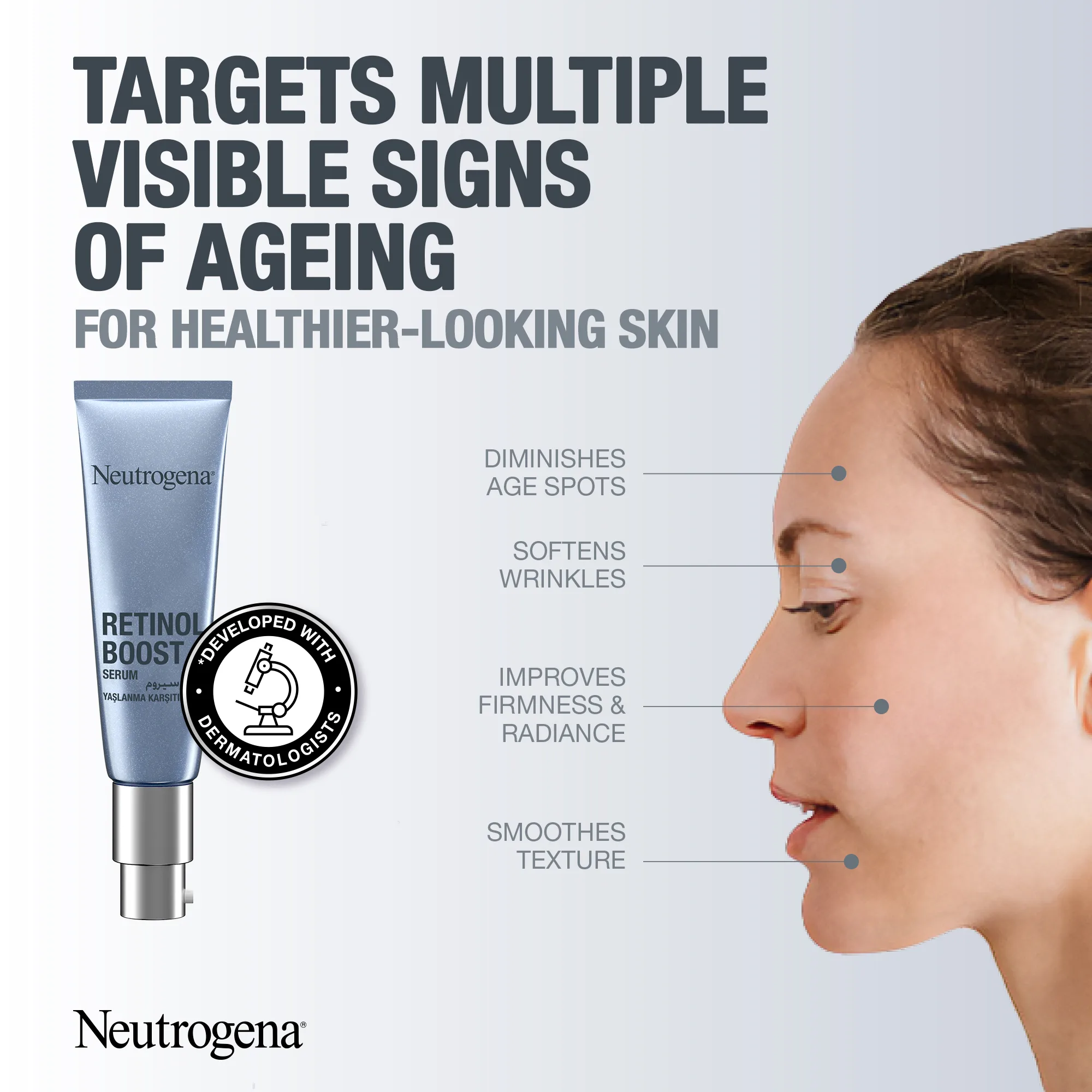 Side view of neutrogena retinol boost anti-aging serum, 30ml
