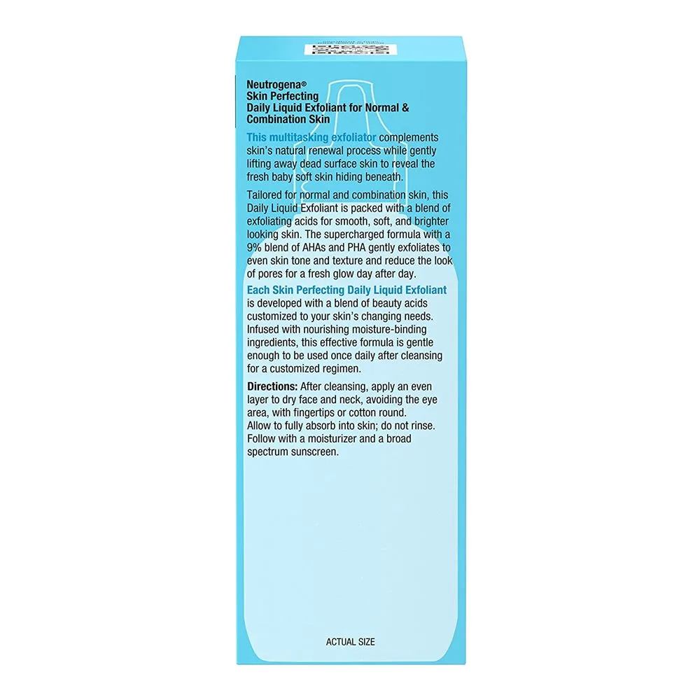Side view of neutrogena skin perfecting smoothing & brightening daily liquid exfoliate, 118ml