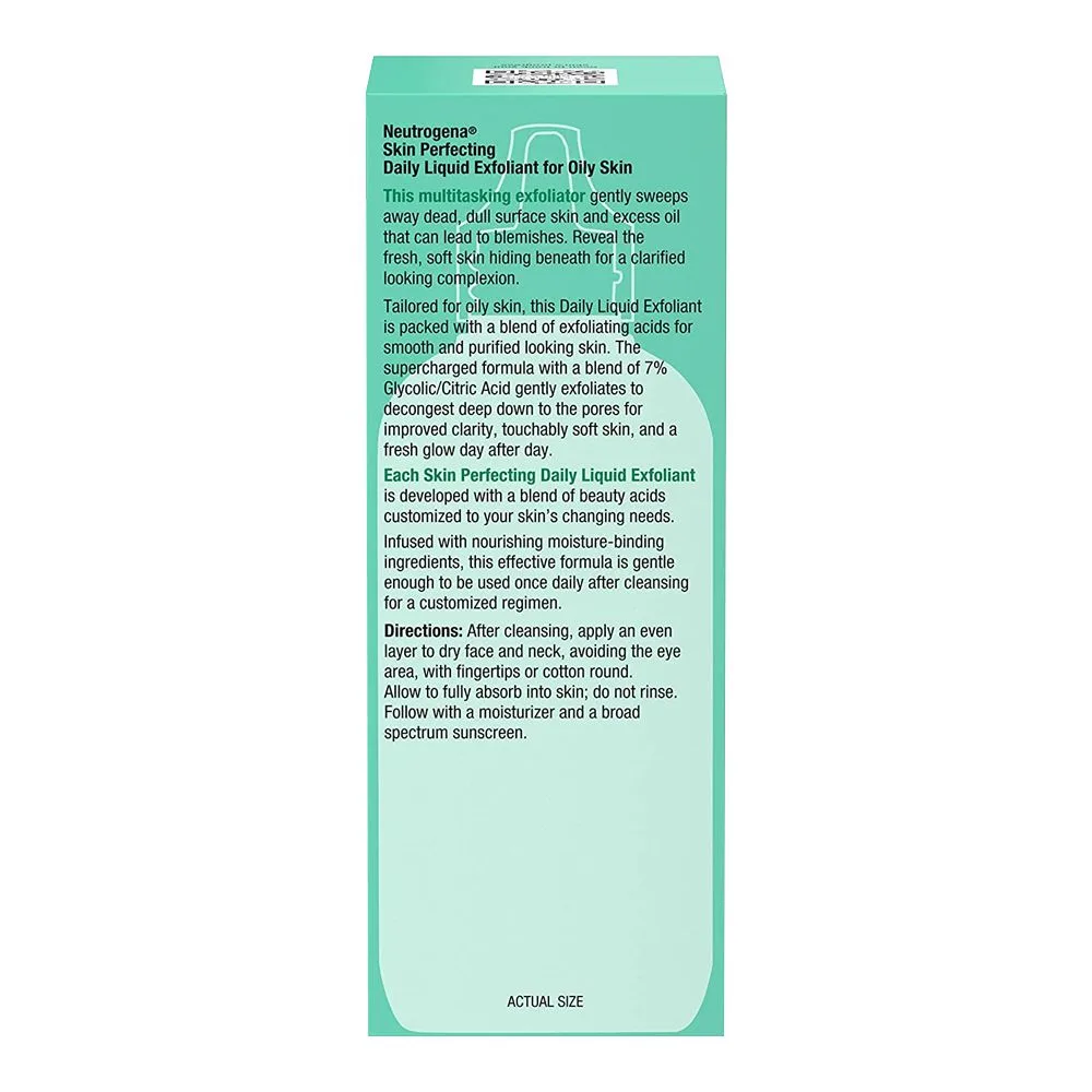 Side view of neutrogena skin perfecting smoothing & clarifying daily liquid exfoliate, 118ml