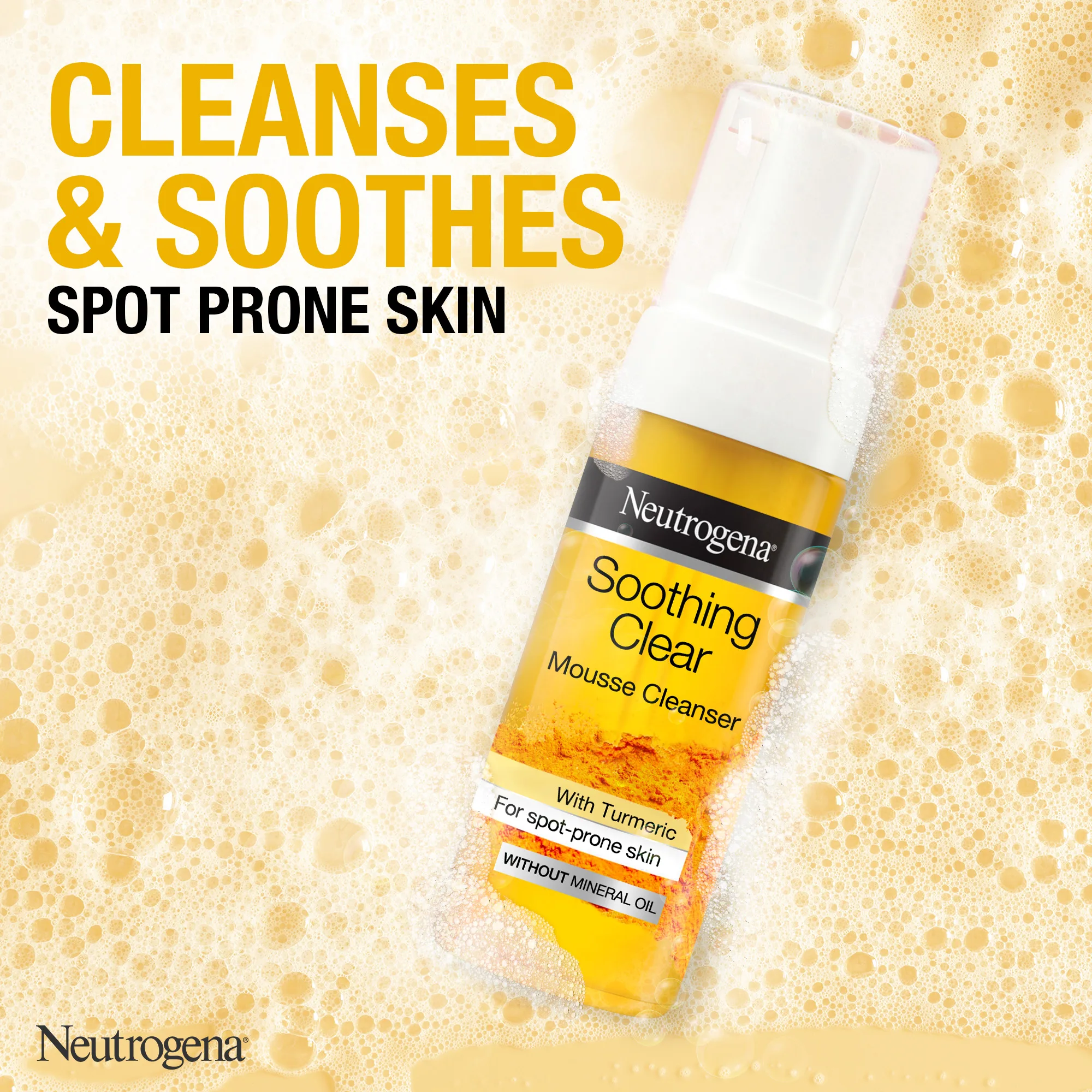 Side view of neutrogena soothing clear turmeric mousse cleanser, for spot prome skin, 150ml