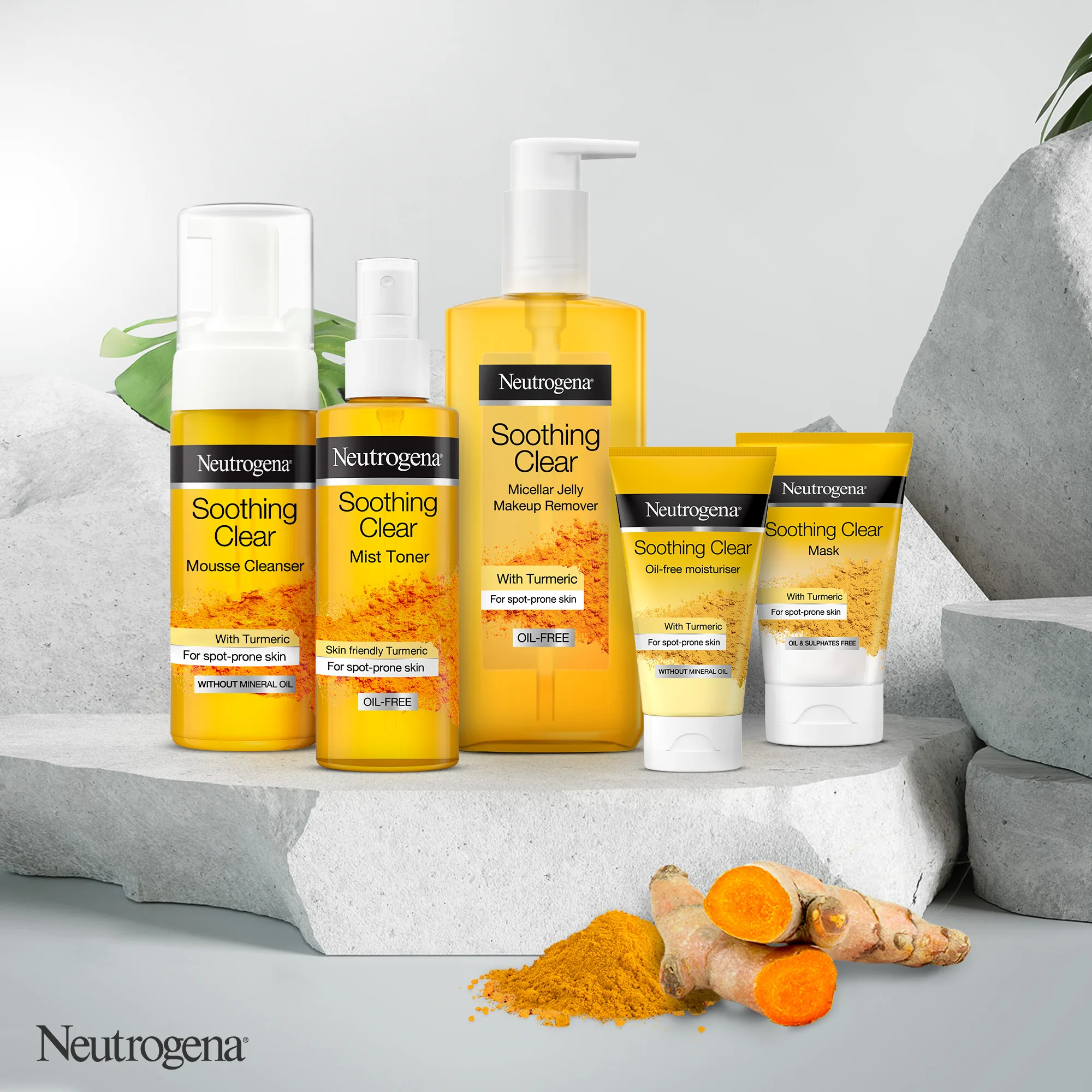 Front angle of neutrogena soothing clear turmeric mousse cleanser, for spot prome skin, 150ml