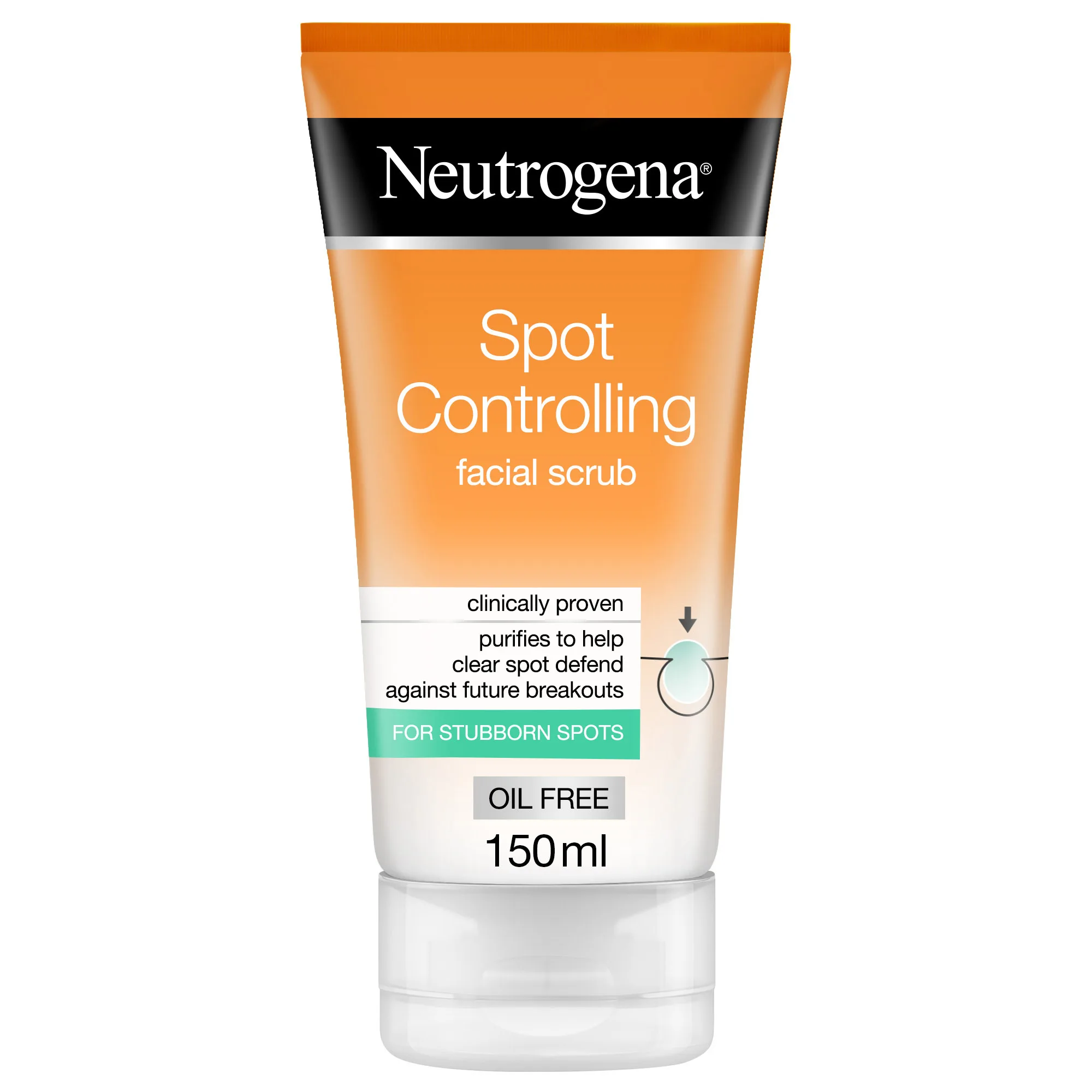 Side view of neutrogena spot controlling facial scrub, for stubborn spots, 150ml