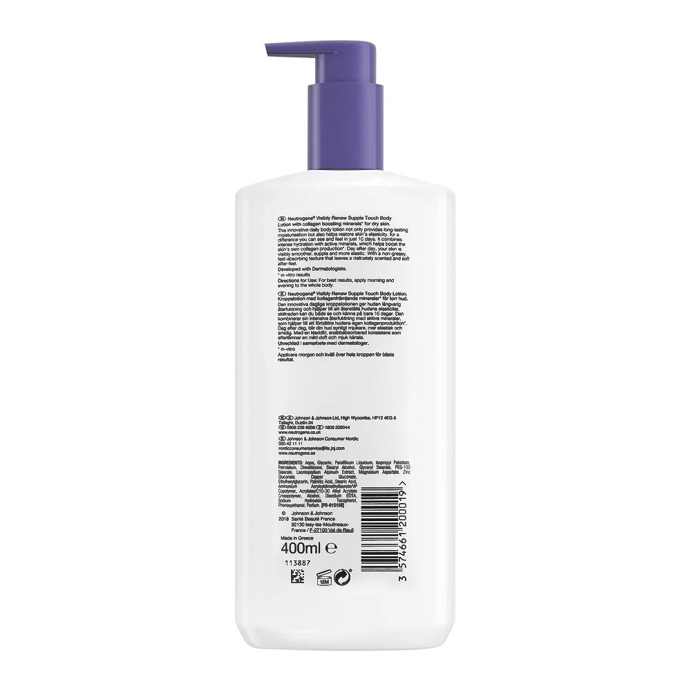 Side view of neutrogena visibly renew supple touch body lotion, dry skin, 400ml