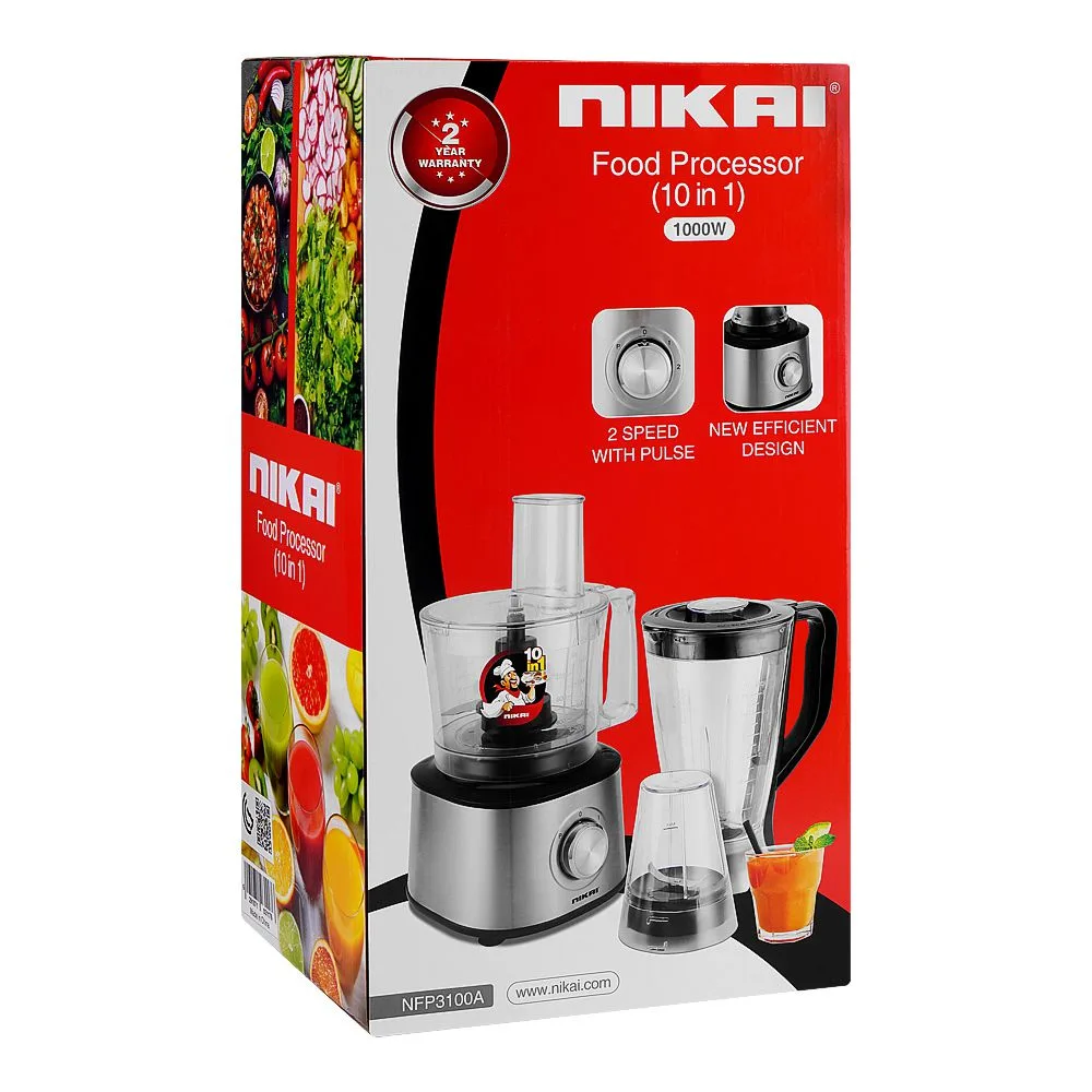 Side view of nikai 10 in 1 food processor, 1000w, nfp3100a