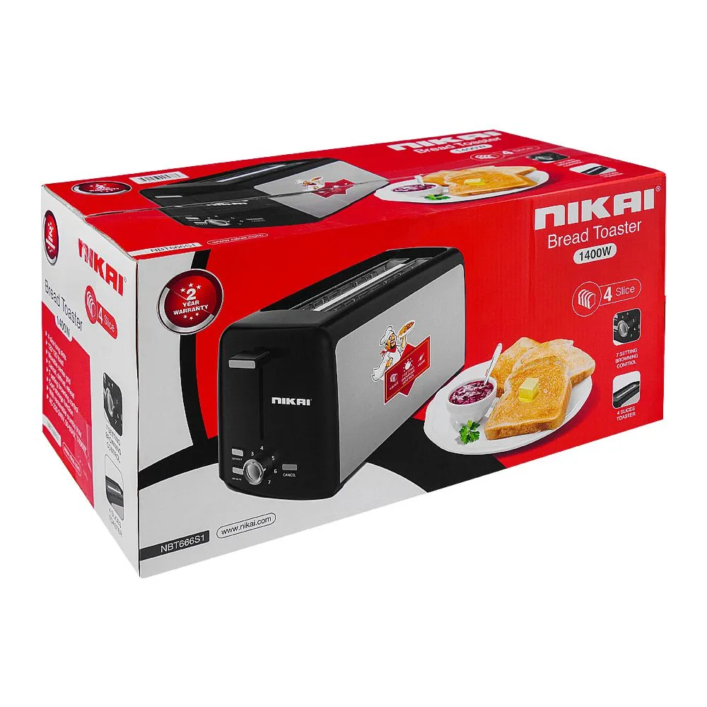 Side view of nikai 4 slice bread toaster, 1400w, nbt666s1
