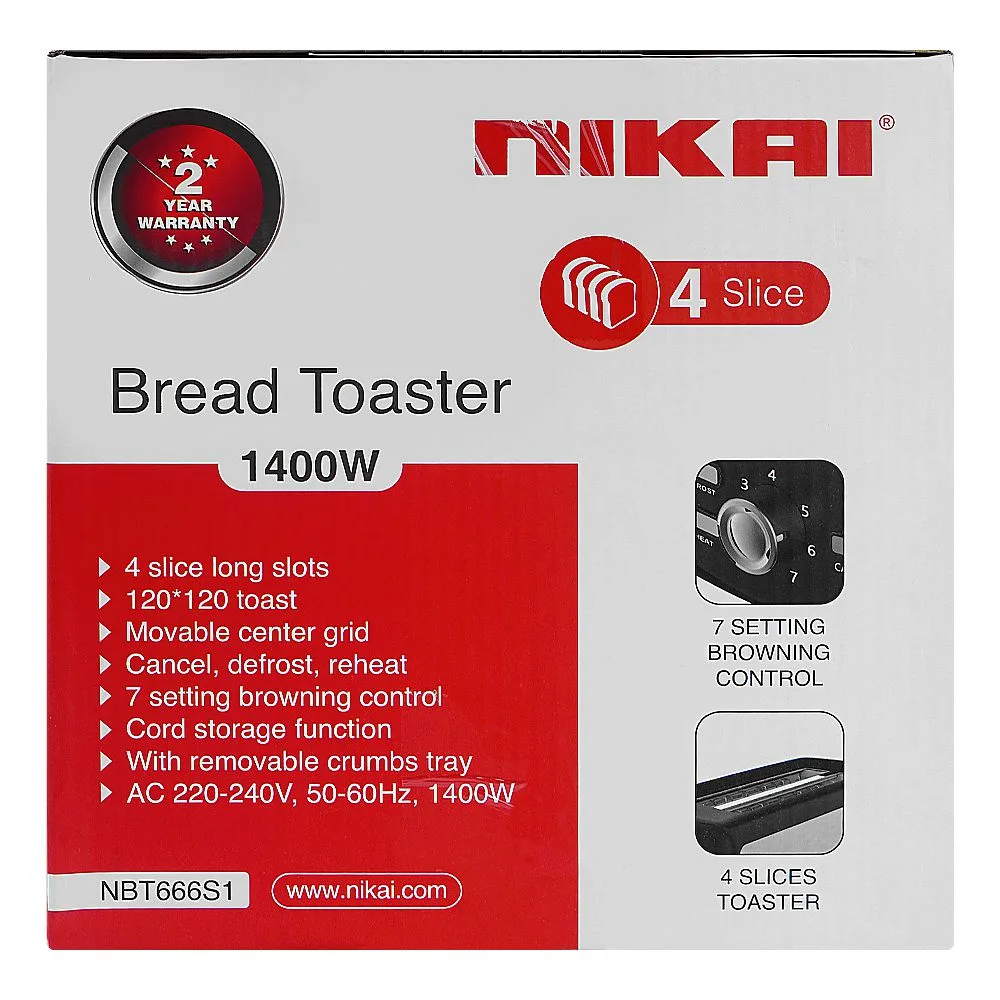 Comfortable casual nikai 4 slice bread toaster, 1400w, nbt666s1