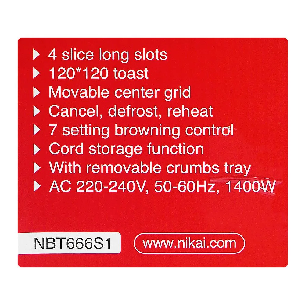 Close-up design of nikai 4 slice bread toaster, 1400w, nbt666s1