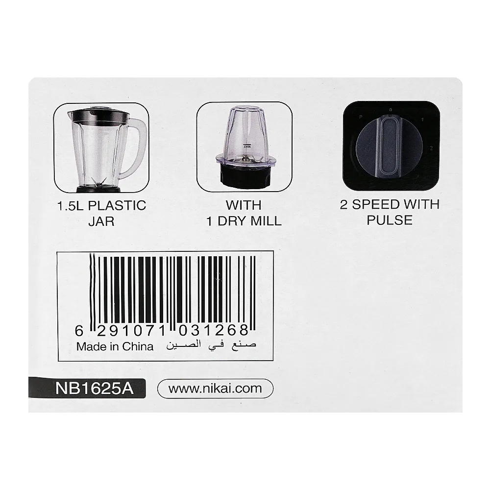 Close-up design of nikai blender, 350w, 220-240v, 1.5 liter, nb-1625a