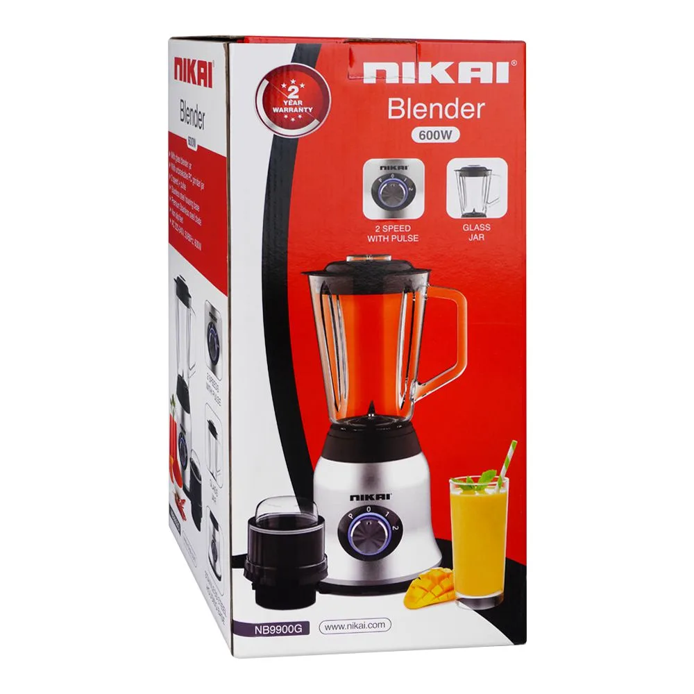 Side view of nikai glass blender, 600w, glass jar, 2 speed+pulse, nb-9900g