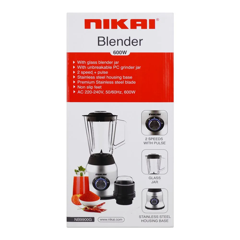 Comfortable casual nikai glass blender, 600w, glass jar, 2 speed+pulse, nb-9900g