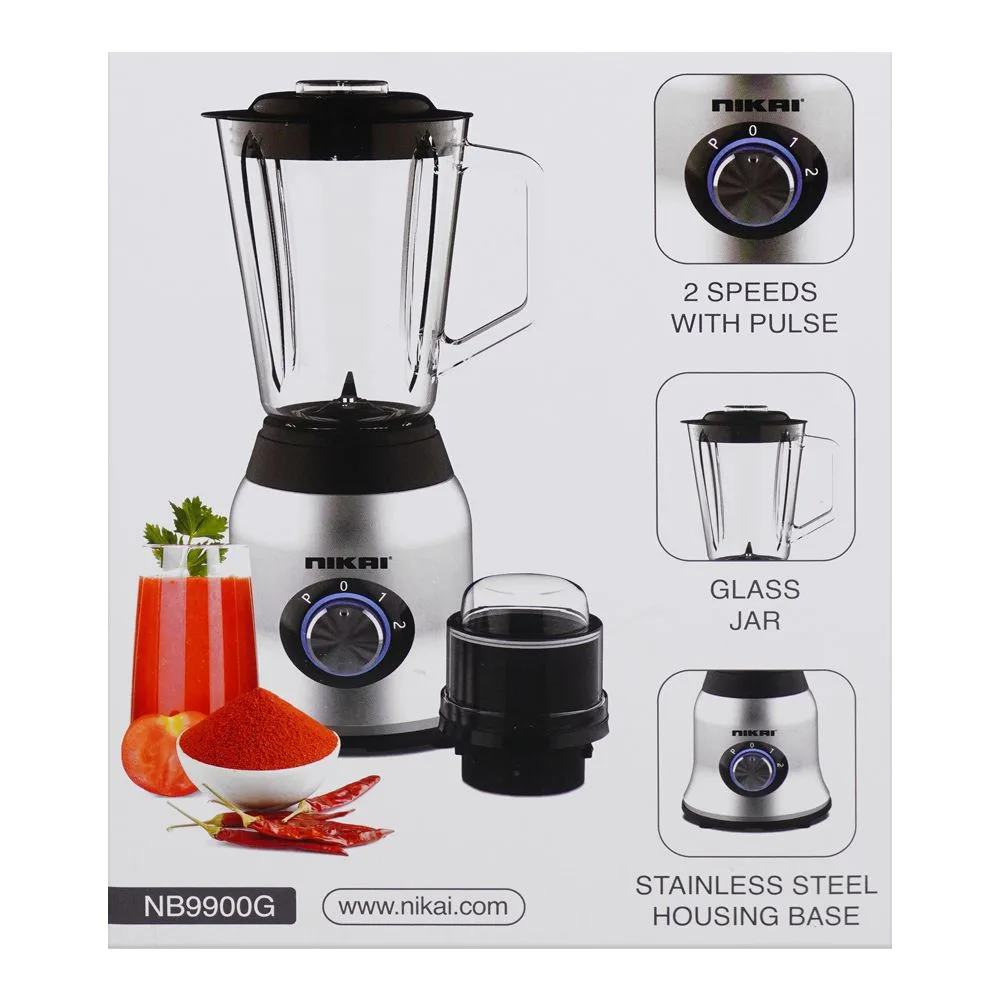Close-up design of nikai glass blender, 600w, glass jar, 2 speed+pulse, nb-9900g