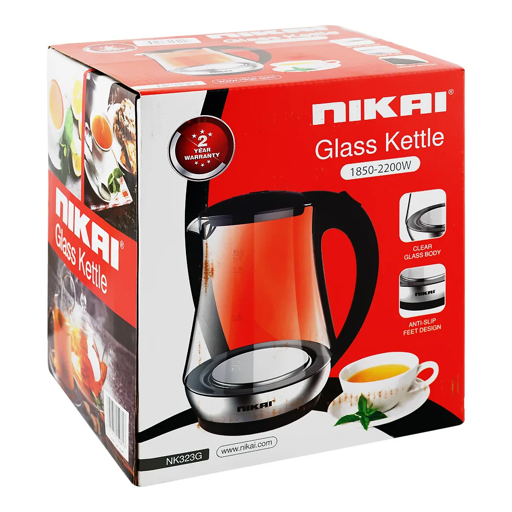 Side view of nikai glass kettle, 1850-2200w, 1.7 liter, nk-323g