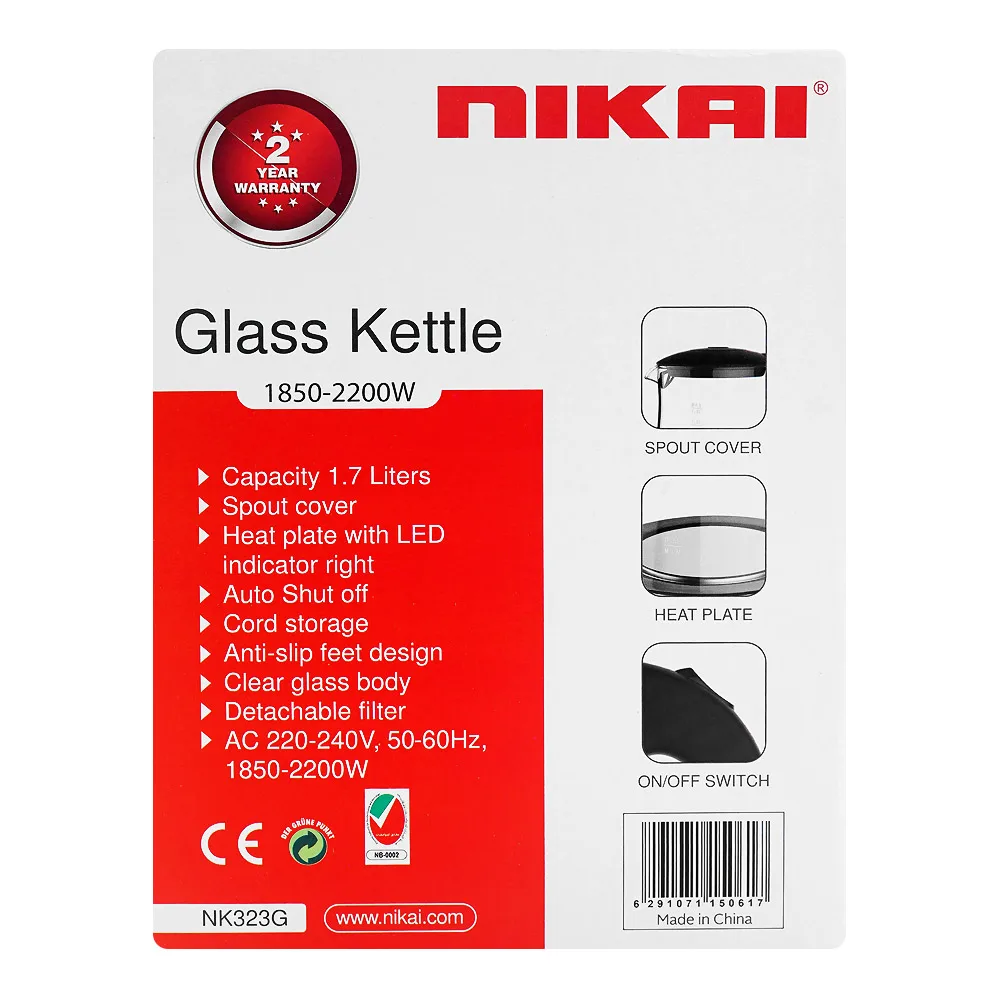 Comfortable casual nikai glass kettle, 1850-2200w, 1.7 liter, nk-323g