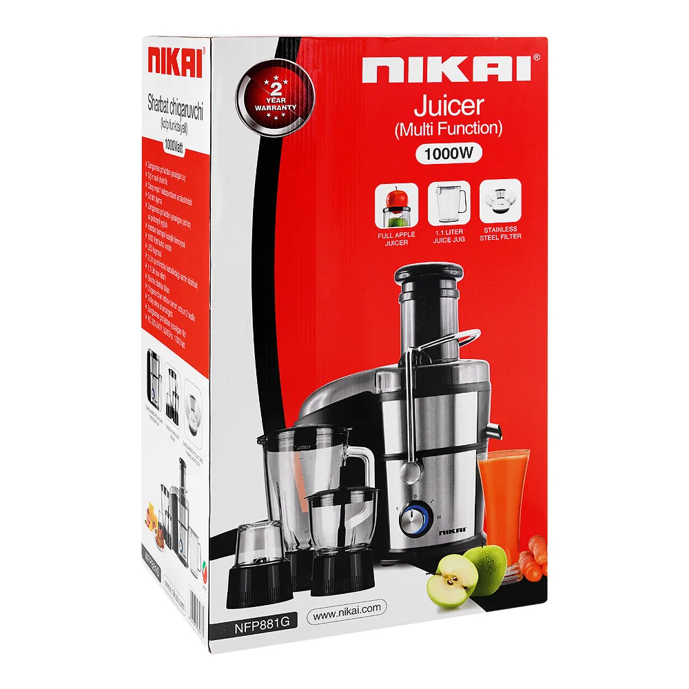 Side view of nikai multi-function juicer, 1000w, 220-240v, nfp-881g