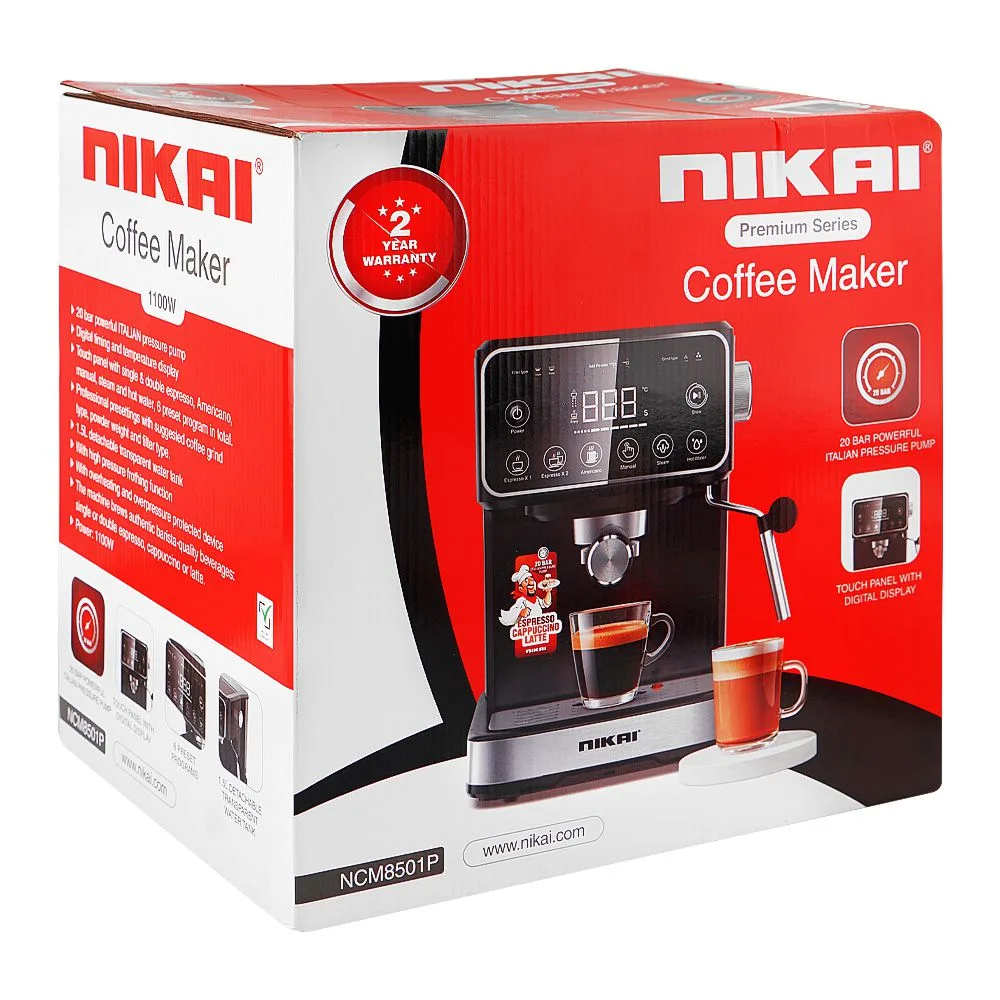 Side view of nikai premium series coffee maker, 1100w, 1.5 liters water tank, 20 bar pressure pump, ncm-8501p