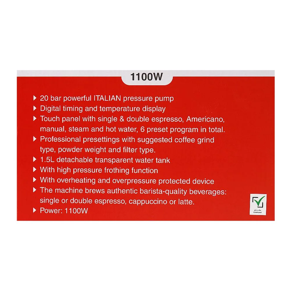 Close-up design of nikai premium series coffee maker, 1100w, 1.5 liters water tank, 20 bar pressure pump, ncm-8501p