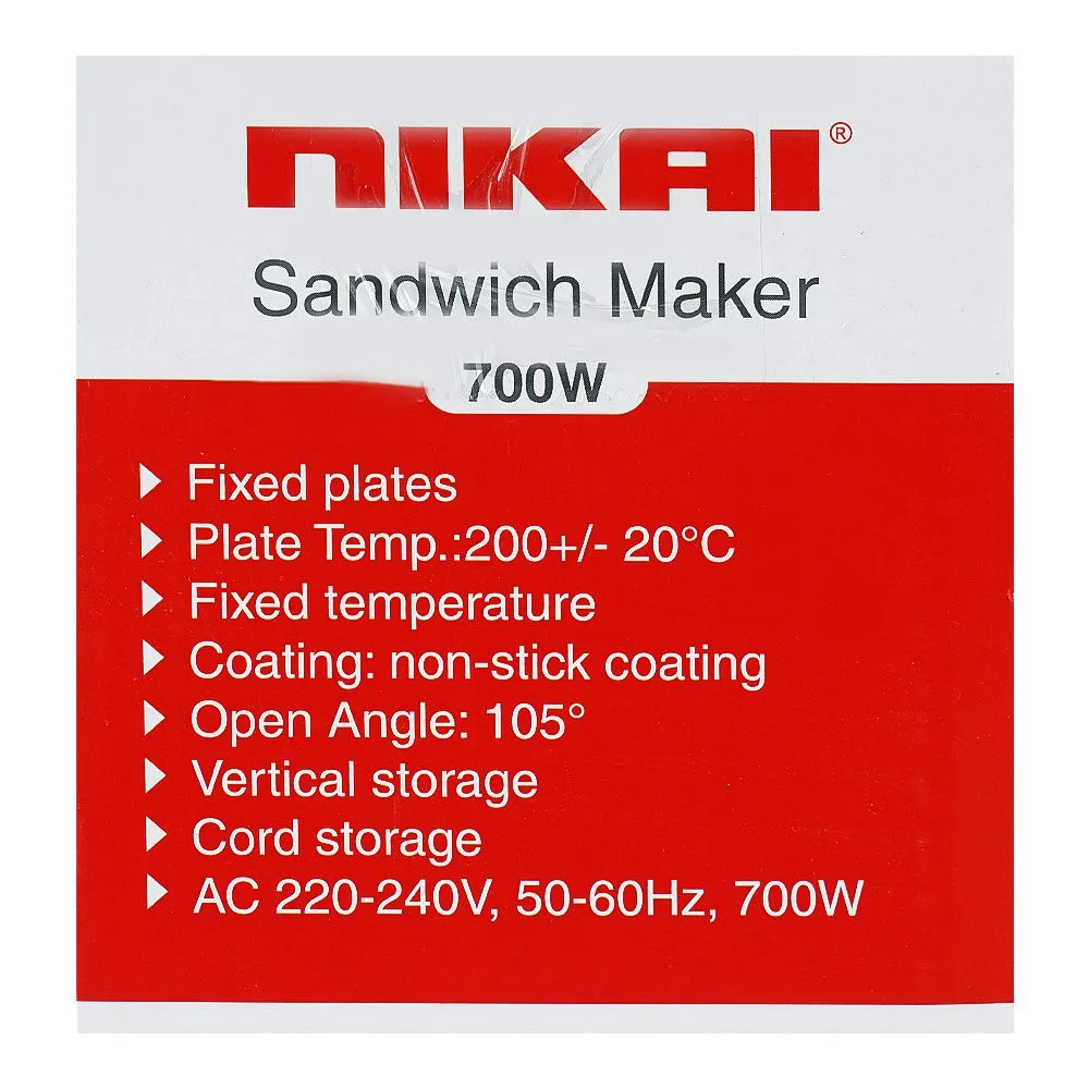 Premium everyday wear nikai sandwich maker, 700w, 220-240v, nst-1005ae