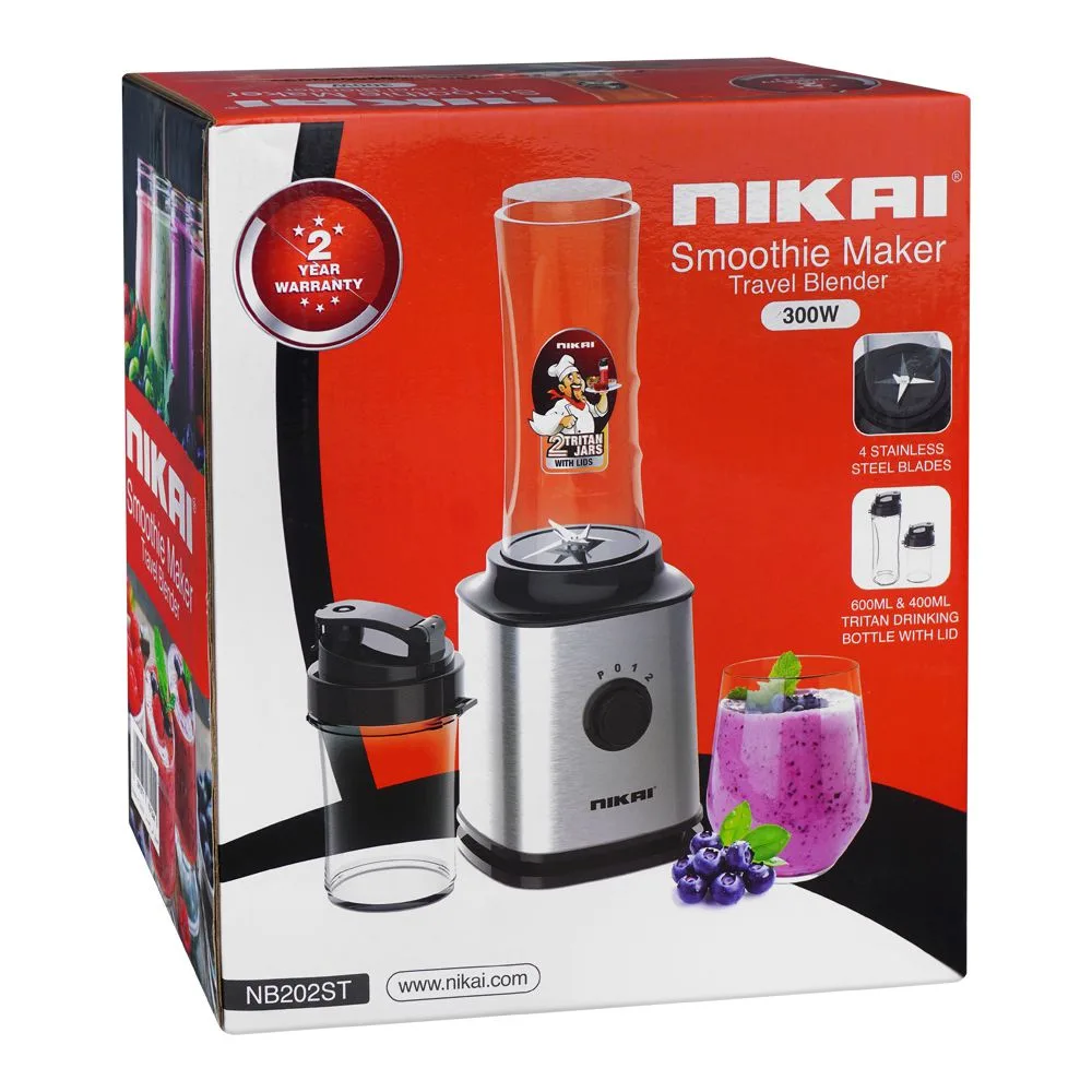 Side view of nikai smoothie maker travel blender, 300w, 600ml & 400ml tritan bottle capacity with lid, nb-202st