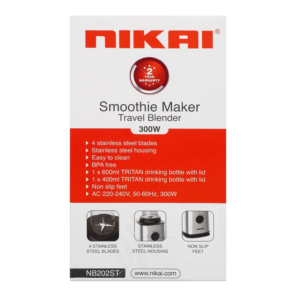 Comfortable casual nikai smoothie maker travel blender, 300w, 600ml & 400ml tritan bottle capacity with lid, nb-202st