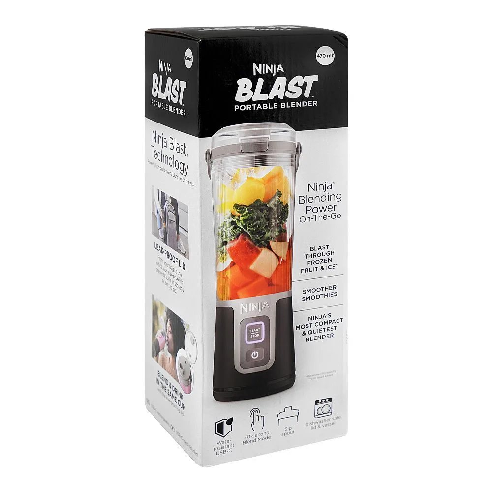 Side view of ninja blast rechargeable portable blender, bpa free, 470ml jar, bc100bkanz