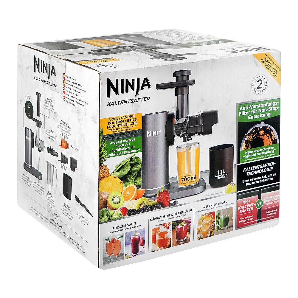 Side view of ninja cold press juicer, 150w, 700ml jug + 1.1 liter container, jc151eu