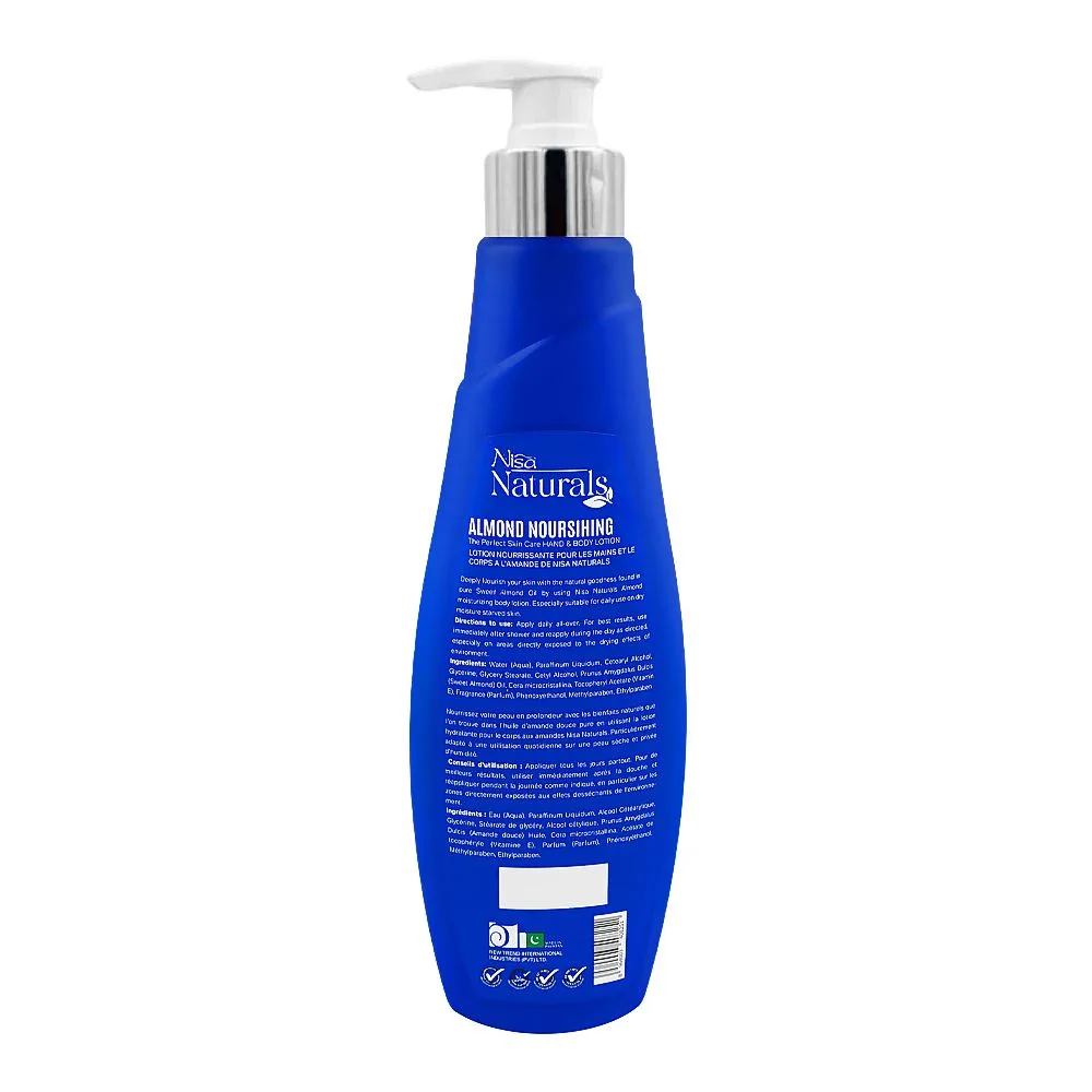 Side view of nisa naturals almond hand & body lotion, for dry skin, 400ml