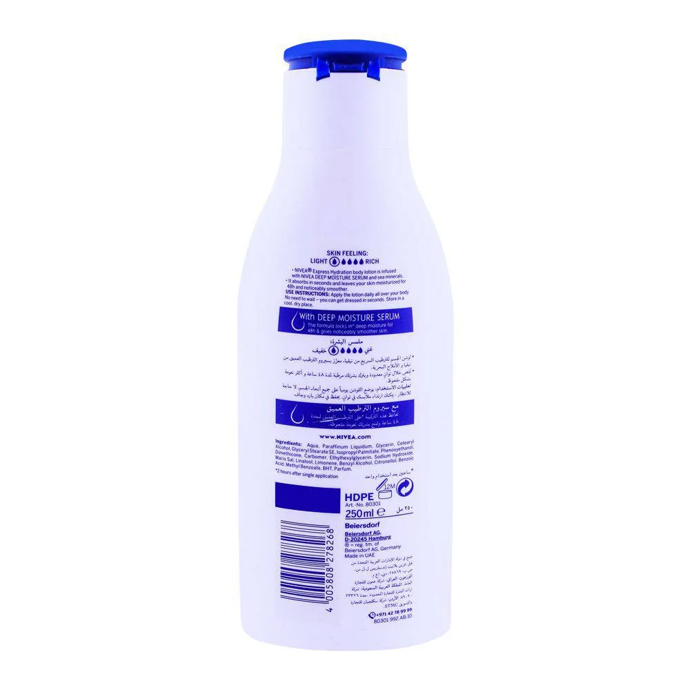 Side view of nivea 48h express hydration body lotion, normal to dry skin, 250ml