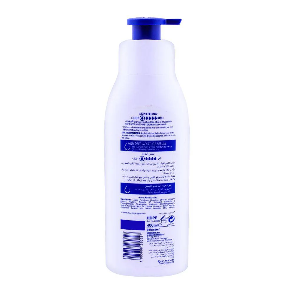 Side view of nivea 48h express hydration body lotion, normal to dry skin, 400ml