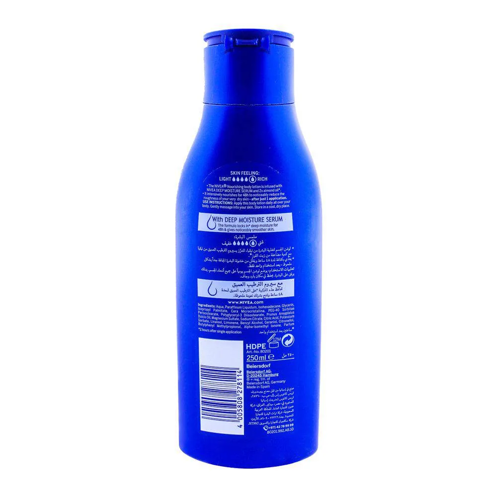 Side view of nivea 48h nourishing body lotion, deep moisture serum, 250ml
