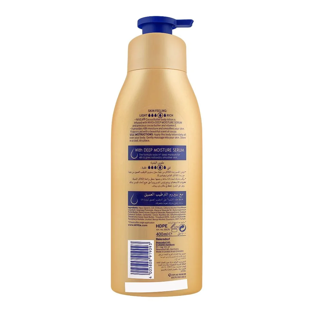 Side view of nivea cocoa butter dry skin body lotion, with deep moisture serum, 400ml