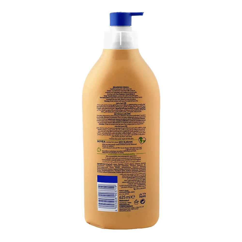 Side view of nivea cocoa nourish cocoa butter deep nourish serum body lotion, for dry skin, 625ml