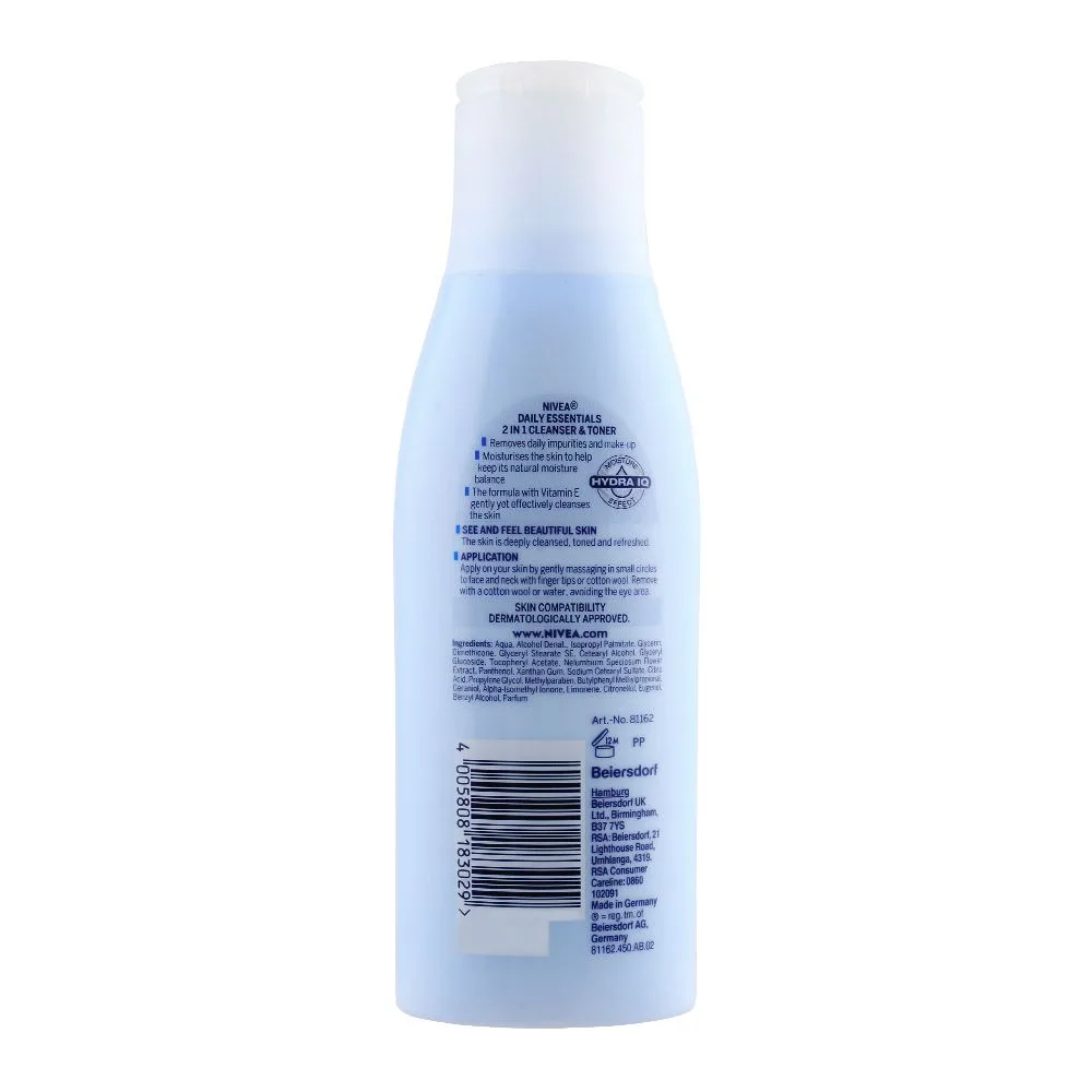 Side view of nivea daily essentials 2-in-1 cleanser & toner, for normal & combination skin, 200ml