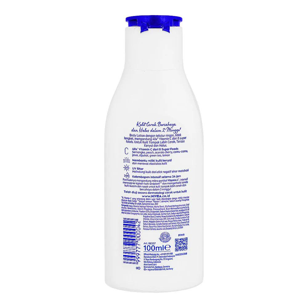 Side view of nivea extra bright radiant & smooth body lotion, 100ml