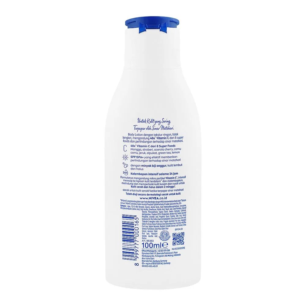 Side view of nivea extra bright repair & protect 8 super food body lotion, spf15 pa+ 100ml
