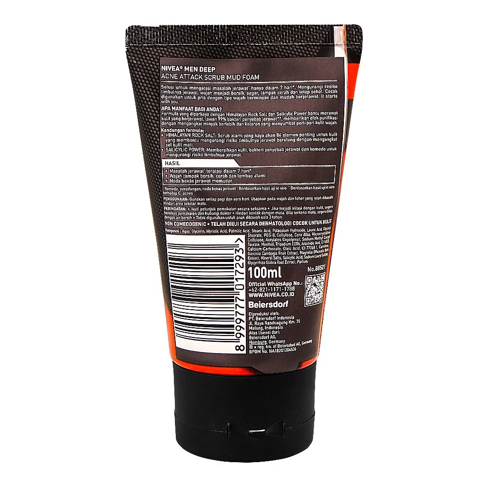 Side view of nivea men deep acne attack scrub mud foam, 100ml