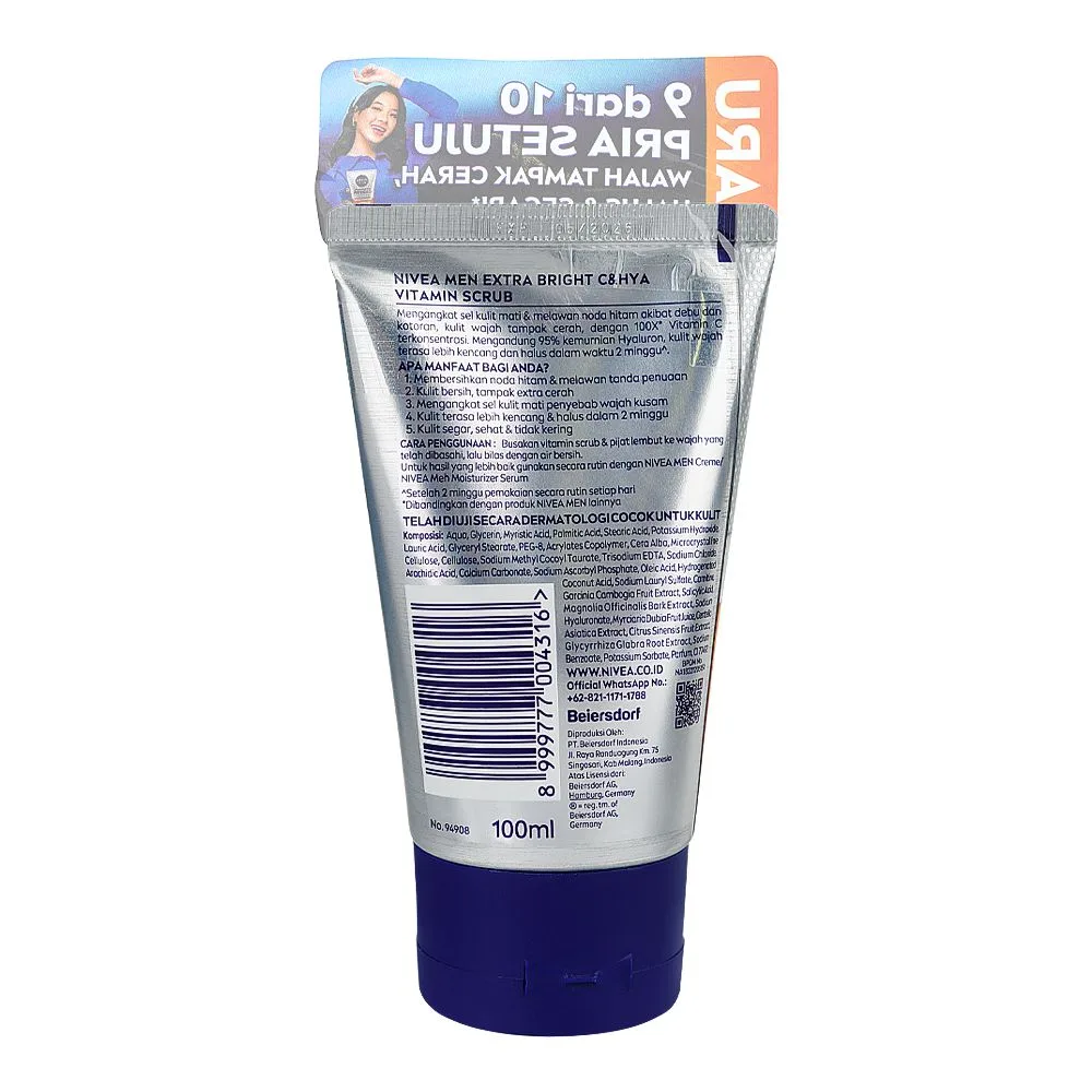 Side view of nivea men extra bright vitamin-c & hya scrub, 100ml