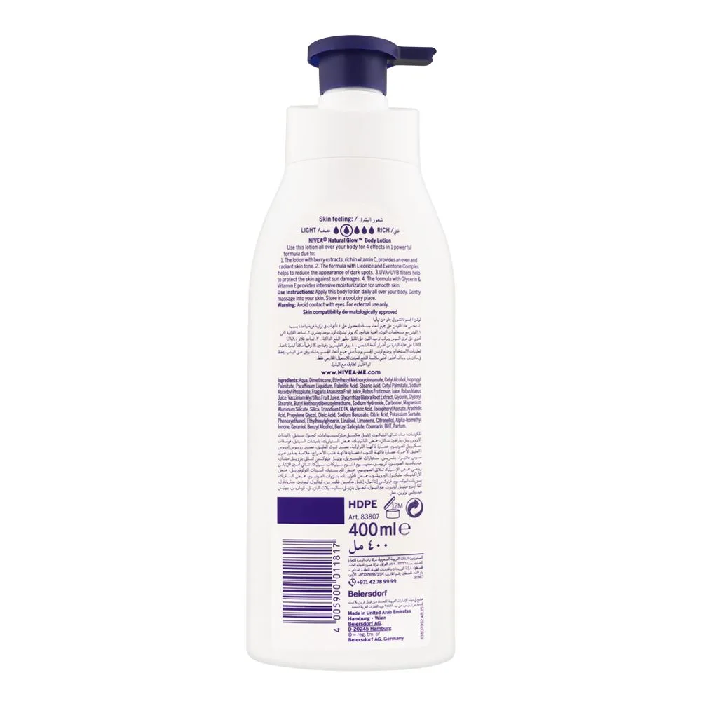 Side view of nivea natural fairness uv filter body lotion, normal to dry skin, 400ml