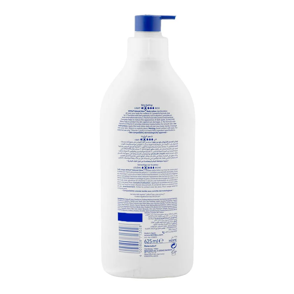Side view of nivea natural glow body lotion glycerin, citric acid, for normal to dry skin, 625ml
