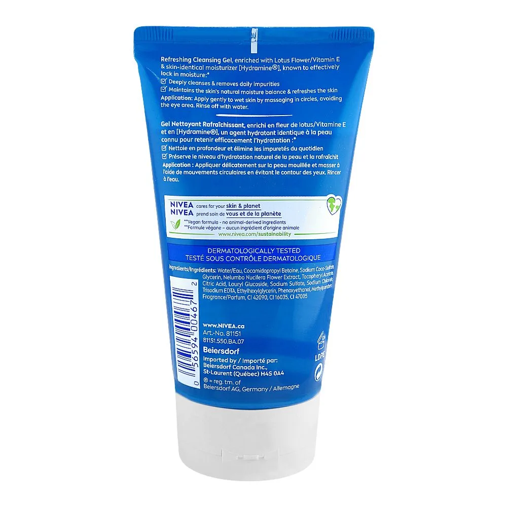 Side view of nivea refreshing normal skin lotus flower face wash, vitamin e + hydramine, for normal skin, 150ml