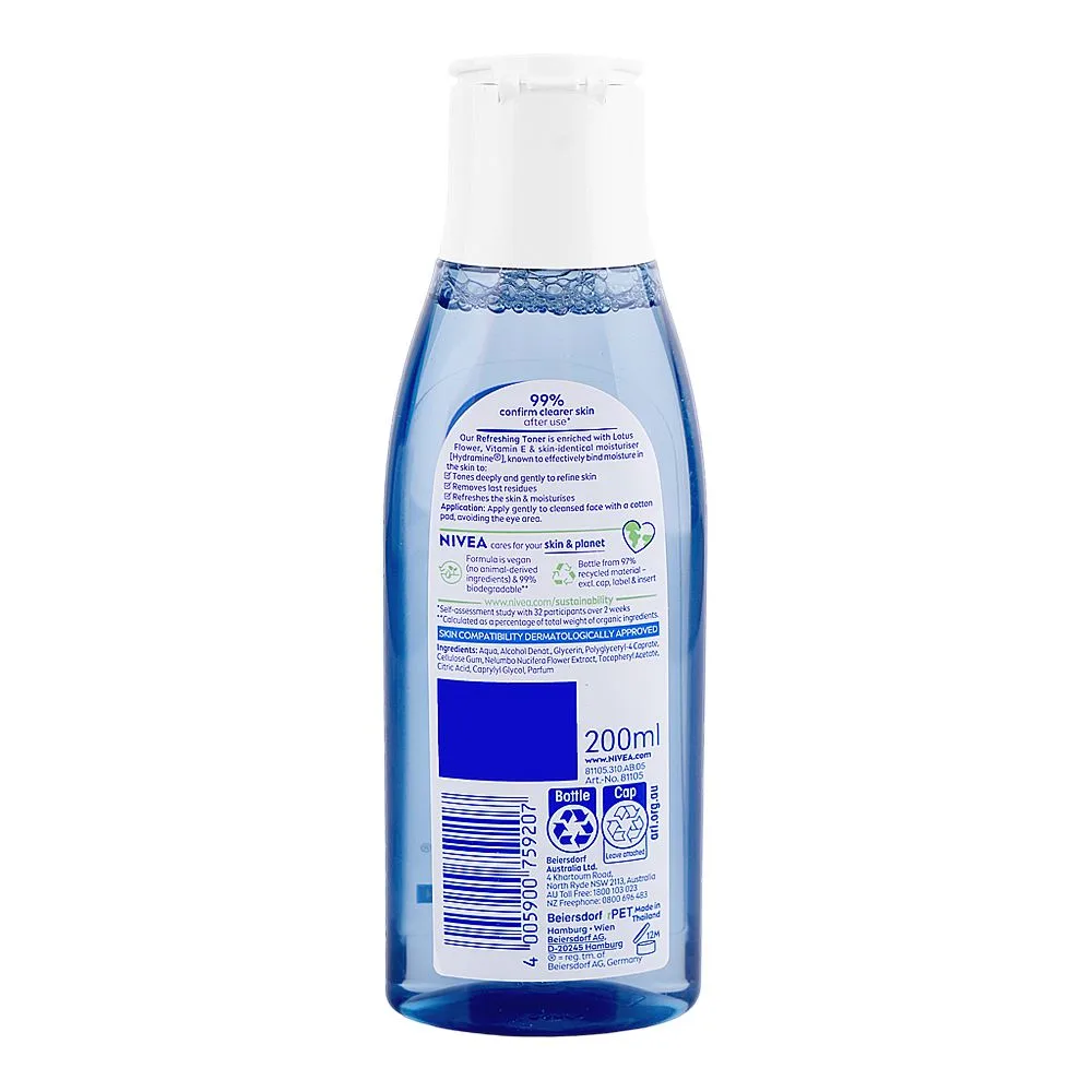 Side view of nivea refreshing toner, citric acid, for normal to combination skin, 200ml