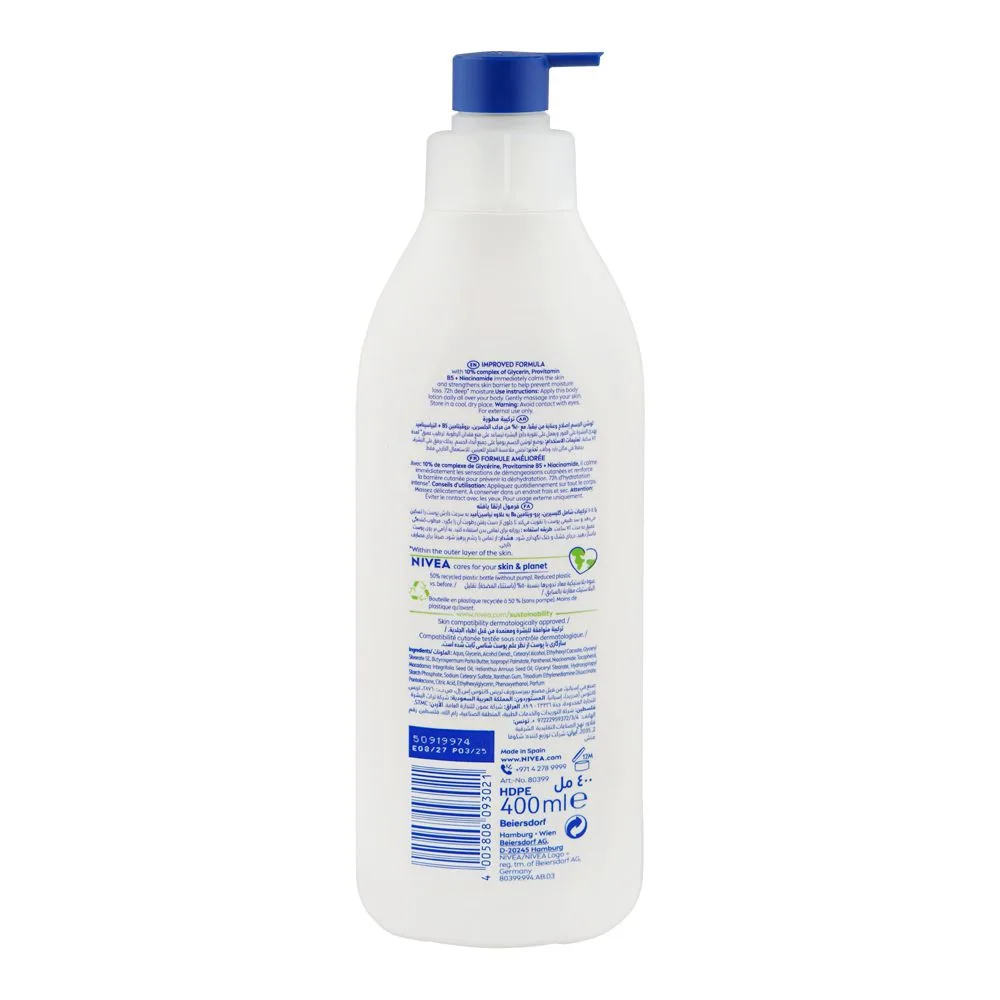 Side view of nivea repair & care 72h moisture dry & very dry skin body lotion, 400ml