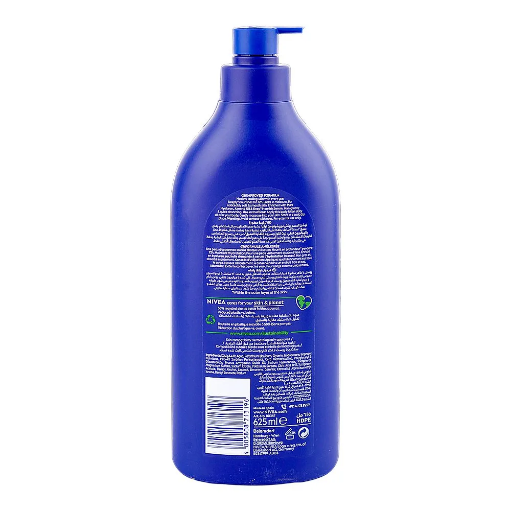 Side view of nivea rich nourishing body lotion, almond oil, citric acid, for very dry skin, 625ml