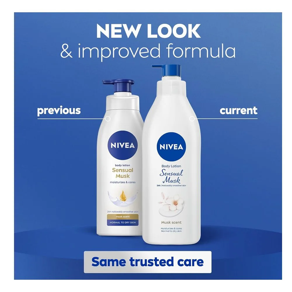 Side view of nivea sensual musk body lotion, normal to dry skin, 400ml