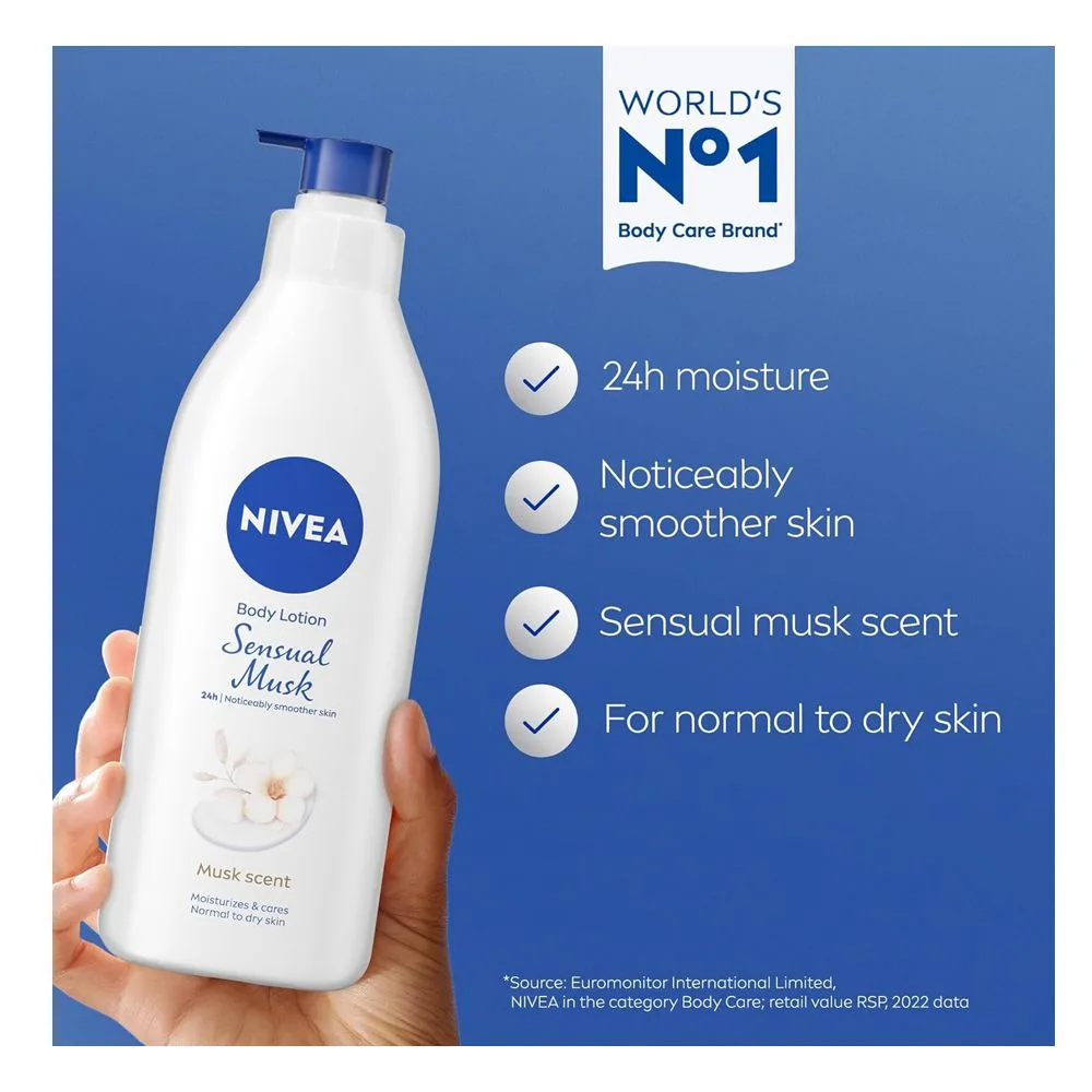 Close-up design of nivea sensual musk body lotion, normal to dry skin, 400ml