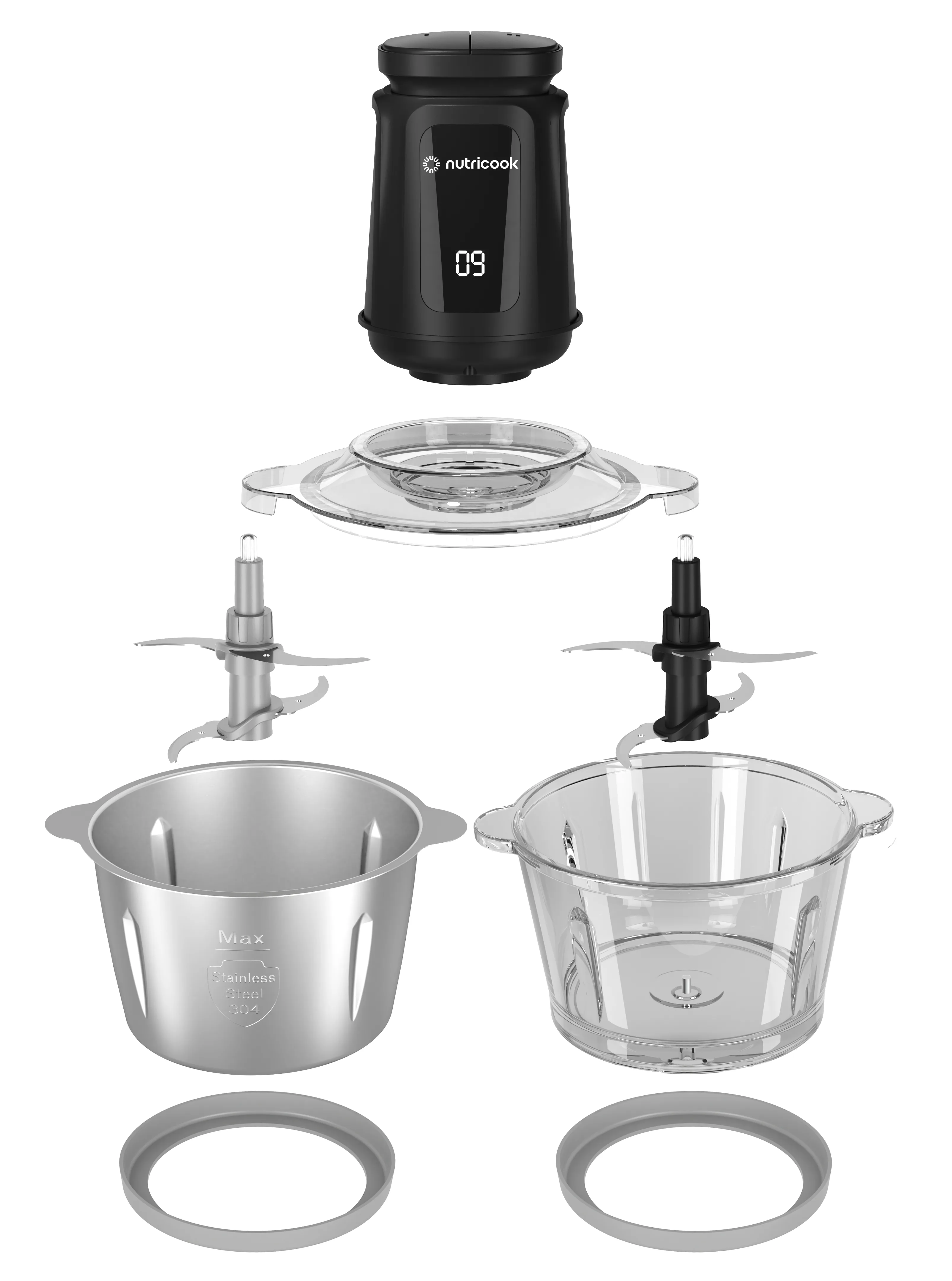 Side view of nutricook choppi xxl with digital timer, 500w, 2 x 2 liters bowl, nc-ch2000