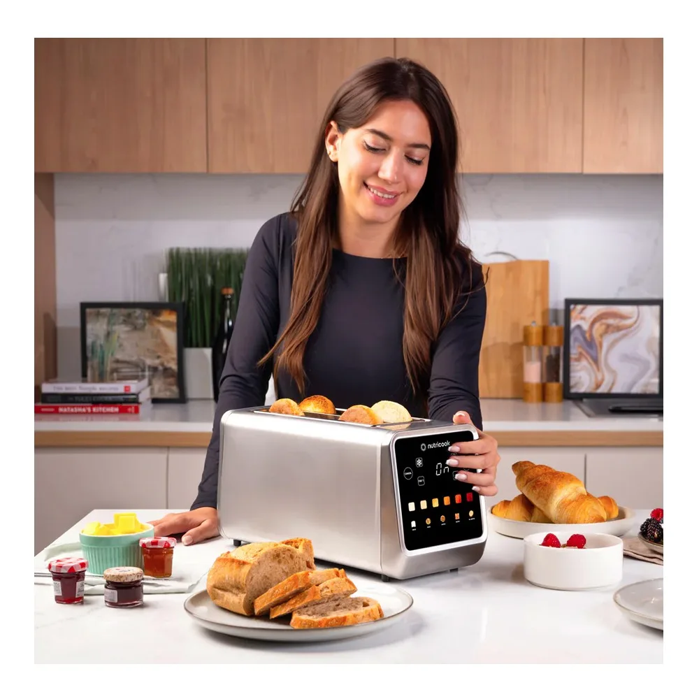 Side view of nutricook toasti digital toaster 4 slice, 1250-1450w, 220-240v, nc-ts401